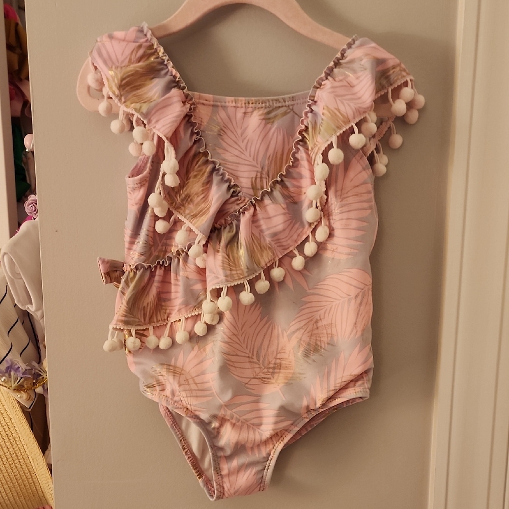 Nicole Miller Pink and Cream Bodysuit with Ruffles and Puff Sleeves
